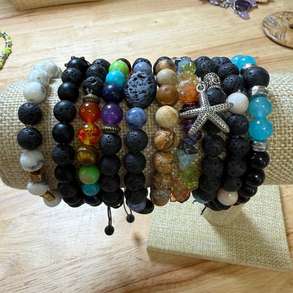 Beaded Bracelet Set Multicolor Lava‎ Rock Chakra Boho Starfish
